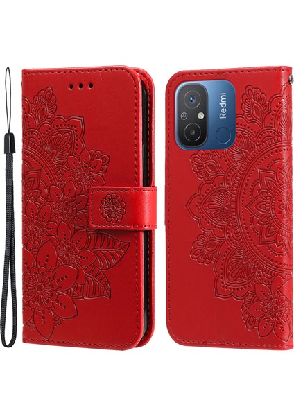 Xiaomi Redmi Için 12C 4G/11A 4g Telefon Kapağı Çiçek Baskı Deri Stand Cüzdan Kılıfı Strap-Red ile (Yurt Dışından)