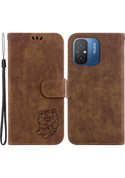 Xiaomi Için Deri Telefon Kasası Redmi 12C 4g Stand Cüzdan Tiger Deseni Baskılı Kapak-Kahverengi (Yurt Dışından)
