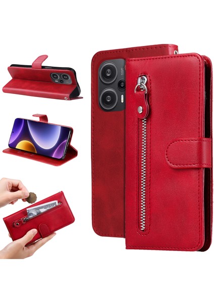 Xiaomi Için Redmi Note 12 Turbo/poco F5 5g Buzağı Doku Telefon Kılıfı Stand Fermuarı Cep Cüzdan Kapak-Kırmızı (Yurt Dışından)