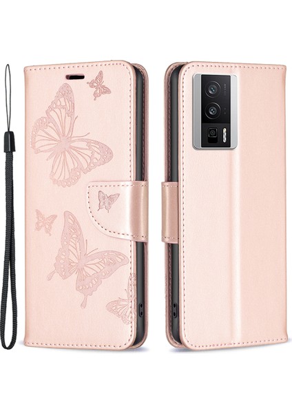 Xiaomi Poco F5 Pro 5g/redmi K60 Pro 5G/K60 5g Kelebek Baskılı Pu Deri Telefon Kılıfı Stand Kapağı El Strap-Rose Altın (Yurt Dışından)