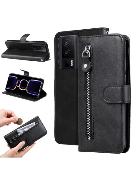 Xiaomi Redmi K60 Pro 5G/K60 5g/poco F5 Pro 5g Telefon Kılıfı Stand Kabuk Buzağı Dokusu Fermuar Cep Cüzdanı Kapak Black (Yurt Dışından)