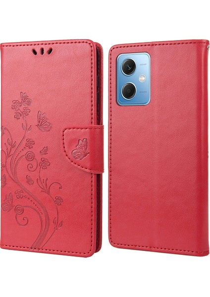 Xiaomi Redmi Için Note 12 5g (Global)/(Hindistan)/(Çin)/poco X5 5g Telefon Kılıfı Çiçek Kelebek Baskılı Deri Cüzdan Kapak Kırmızısı (Yurt Dışından)