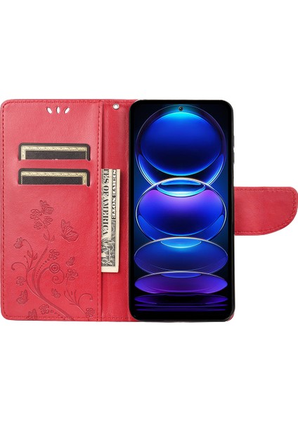 Xiaomi Redmi Için Note 12 5g (Global)/(Hindistan)/(Çin)/poco X5 5g Telefon Kılıfı Çiçek Kelebek Baskılı Deri Cüzdan Kapak Kırmızısı (Yurt Dışından)