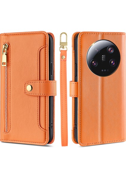 Xiaomi 13 Ultra Anti-Contision Pu Deri+Tpu Telefon Kapak Stand Cüzdan Kılıfı Zipper Cep-Orange (Yurt Dışından)