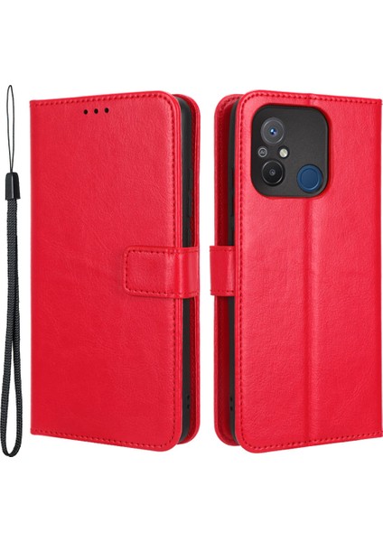 Xiaomi Redmi Için 12C 4G/11A 4g/poco C55 4g Çılgın At Doku Doku Standı Pu Deri Flip Telefon Kapağı Kayış Kırmızısı (Yurt Dışından)