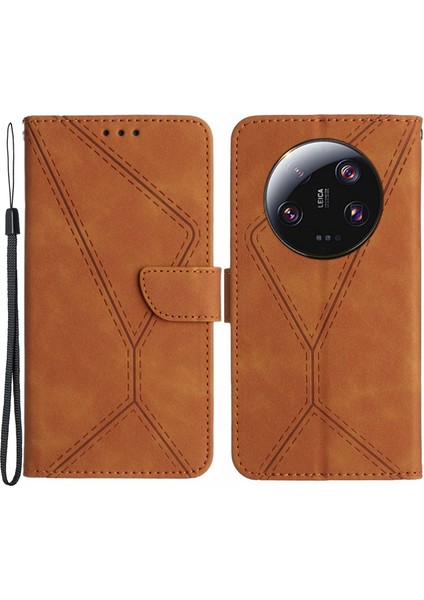 Xiaomi Için HT05 13 Ultra Baskılı Çizgi Cilt Touch Telefon Kılıfı Cüzdan Stand Pu Deri Kapak-Kahverengi (Yurt Dışından)