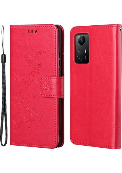 Xiaomi Redmi Için Deri Telefon Kılıfı Not 12S 4g Kelebek Çiçeği Baskalı Flip Stand Cüzdan Kapak-Kırmızı (Yurt Dışından)