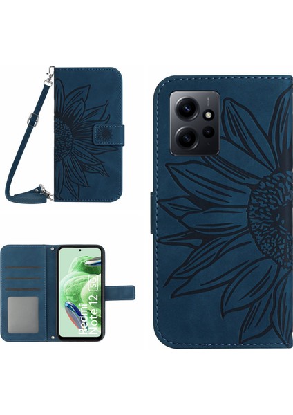 Xiaomi Için Redmi Note 12 4g HT04 Ayçiçeği Desen Standı Kapak Deri Cüzdan Omuz Strap-Dark Mavi ile Telefon Kılıfı (Yurt Dışından)