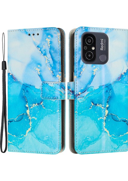 Xiaomi Için Redmi 12C 4g / 11A 4g Cep Telefon Kılıfı Stand Cüzdan Mermer Desen Pu Deri Telefon Kapağı Kayış Mavisi / Yeşil (Yurt Dışından)