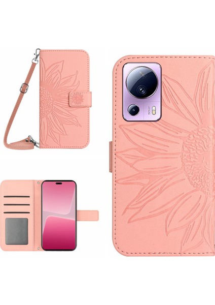 Xiaomi Için 13 Lite/civi 2 5g HT04 Flip Deri Cüzdan Telefon Kapağı Ayçiçeği Baskılı Stand Anti-Drop Telefon Kılıfı Kayış Işığı Pembe ile (Yurt Dışından)