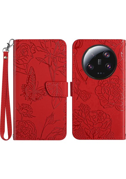 HT03 Xiaomi Için Telefon Kılıfı 13 Ultra Pu Deri Stand Cüzdan Kelebek Çiçekleri Strap-Red ile Baskılı Kapak (Yurt Dışından)