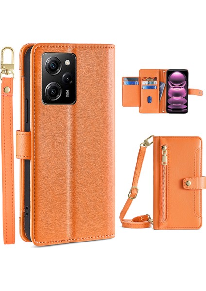 Xiaomi Redmi Için Note 12 Pro Speed ​​5g /note 12 Pro 5g /poco X5 Pro 5g Fermuarı Cep Telefonu Stand Kılıf Kart Kartı Yuvaları Deri Telefon Kapağı Straps-Orange (Yurt Dışından)