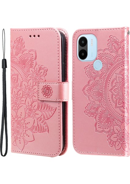 Xiaomi Için Redmi A1+ 4g/a2+ 4g/poco C50 4g (Parmak Izi Deliği Ile) Baskılı Çiçek Manyetik Kapanma Pu Deri Kılıf Cüzdanı Tam Koruma Flip Telefonu Kayış Pembe (Yurt Dışından)