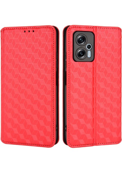Xiaomi Redmi Için Not 11T Pro 5g/not 11T Pro+ 5g/not 12T Pro 5g/poco X4 Gt 5g/redmı K50I 5g Cep Telefon Kılıfı Pu Deri+ Tpu Baskılı Rhombus Desen Cüzdan Telefonu Kabuk-Kırmızı Kaplama (Yurt Dışından)