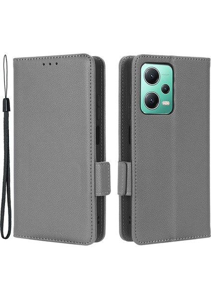 Xiaomi Redmi Için Note 12 5g (Global)/(Hindistan)/(Çin)/poco X5 5g Litchi Doku Pu Deri Flip Telefon Kılıfı Şok Geçirmez Manyetik Görünüm Stand Cüzdan Kapağı Strap-Grey (Yurt Dışından)
