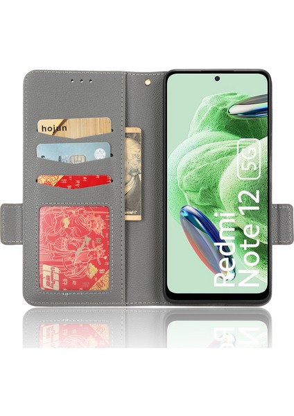 Xiaomi Redmi Için Note 12 5g (Global)/(Hindistan)/(Çin)/poco X5 5g Litchi Doku Pu Deri Flip Telefon Kılıfı Şok Geçirmez Manyetik Görünüm Stand Cüzdan Kapağı Strap-Grey (Yurt Dışından) modelleri