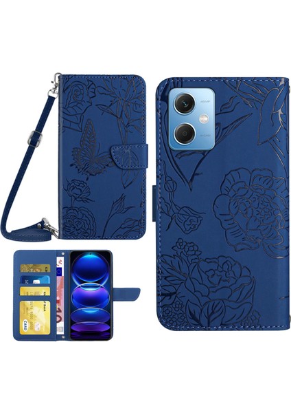 Xiaomi Redmi Için HT03 Not 12 5g (Global)/(Hindistan)/(Çin)/poco X5 5g Kelebek Çiçekleri Baskılı Cilt Touch Pu Deri Kapak Cüzdan Fonksiyonu Omuz Kayış Mavisi ile Telefon Kılıfı (Yurt Dışından)