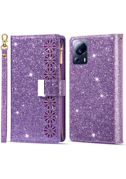 Xiaomi 13 Lite/civi 2 5g Fermuarlı Cüzdan Deri Telefon Kasası Standı Lazer Oyma Işıltılı Telefon Örtüsü Kayış-Mor ile (Yurt Dışından)