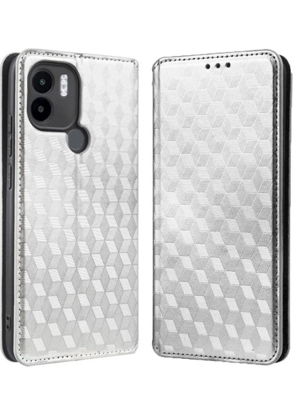 Xiaomi Için Anti-Fall Cep Telefonu Kapağı Redmi A1+ 4g/a2+ 4g/poco C50 4g Rhombus Desen Basılı Pu Deri Foli Folio Telefon Kılıfı Cüzdan Stand-Silver (Yurt Dışından)