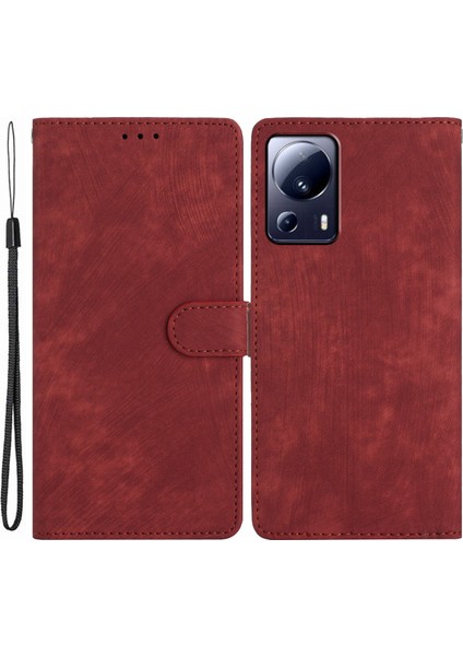 Xiaomi Için 13 Lite/civi 2 5g Düz Renkli Deri Cüzdan Kapağı Cilt Dokunma Stand Cep Telefonu Kılıf Kırmızısı (Yurt Dışından)