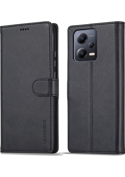 Xiaomi Redmi Için Deri Telefon Kılıfı Not 12 5g (Global)/(Hindistan)/(Çin)/poco X5 5g, Buzağı Doku Cüzdan Stand Stand Anti-Fall Telefon Kapak Black (Yurt Dışından)