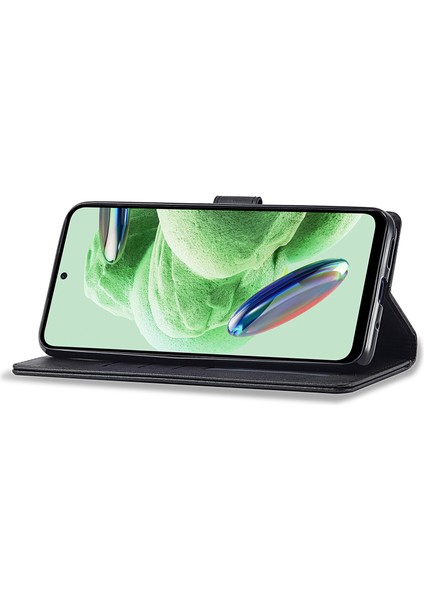 Xiaomi Redmi Için Deri Telefon Kılıfı Not 12 5g (Global)/(Hindistan)/(Çin)/poco X5 5g, Buzağı Doku Cüzdan Stand Stand Anti-Fall Telefon Kapak Black (Yurt Dışından)