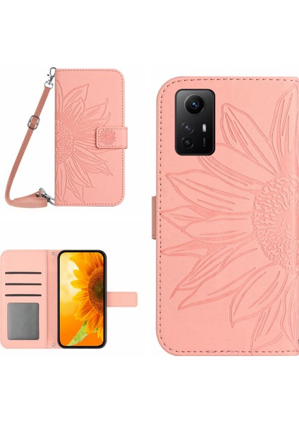 Xiaomi Için HT04 Redmi Not 12S 4g Deri Stand Cüzdan Kapağı Ayçiçeği Baskılı Telefon Kılıfı Omuz Kayış Işık Pembe (Yurt Dışından)