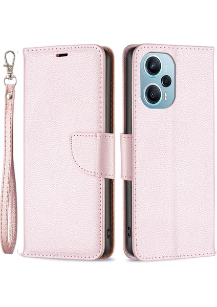 Xiaomi Poco F5 5g/redmi Için Telefon Kapağı Not 12 Turbo, Cüzdan Pu Deri Litchi Doku Flip Stand Telefon Kılıfı Strap-Rose Altın (Yurt Dışından)