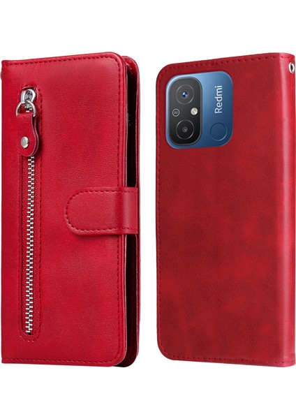 Xiaomi Redmi Için 12C 4G/11A 4g Deri Telefon Kılıfı Stand Cüzdan-Kırmızı ile Fermuar Cep Telefonu Kapağı (Yurt Dışından)
