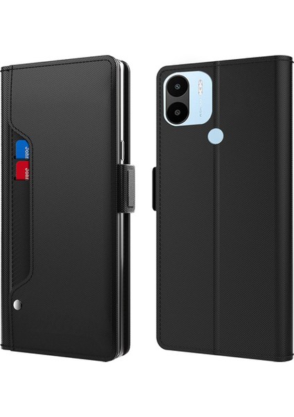 Xiaomi Için Poco C50/REDMI A1+/a2+ Ayna Tasarımı Pu Deri Stand Telefon Kılıfı Kılıf Yuvası Anti-Drop Cover-Black (Yurt Dışından)