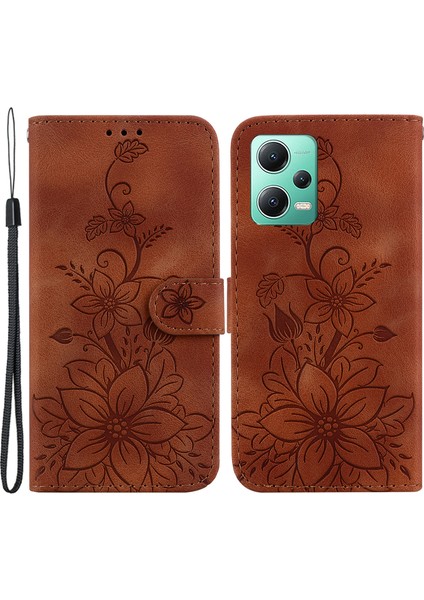 Xiaomi Redmi Için Deri Kılıf Not 12 5g (Çin)/(Hindistan)/(Global)/poco X5 5g Baskılı Zambak Çiçek Cüzdan Standı Kapak Kahverengi (Yurt Dışından)