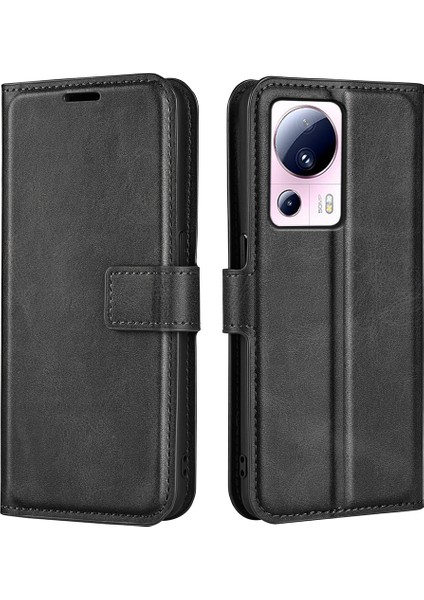 Xiaomi Için 13 Lite/civi 2 5g Kare Toka Deri Telefon Kasası Buzağı Doku Cüzdanı Stand Anti-Drop Cover-Black (Yurt Dışından)