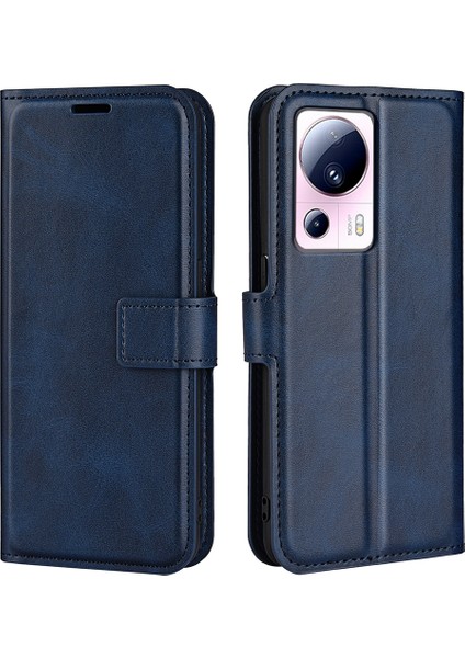 Xiaomi Için 13 Lite/civi 2 5g Kare Toka Deri Telefon Kasası Buzağı Doku Cüzdanı Stand Önleme Önleyici Kapak-Mavi (Yurt Dışından)