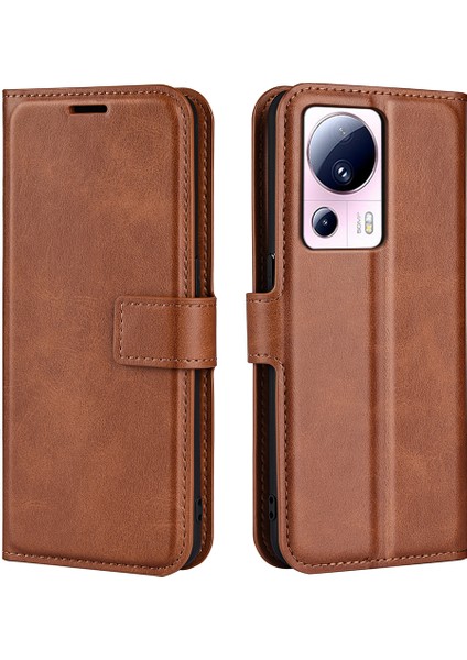 Xiaomi Için 13 Lite/civi 2 5g Kare Toka Deri Telefon Kasası Buzağı Doku Cüzdanı Stand Önleme Önleyici Kapak Işığı Kahverengi (Yurt Dışından)