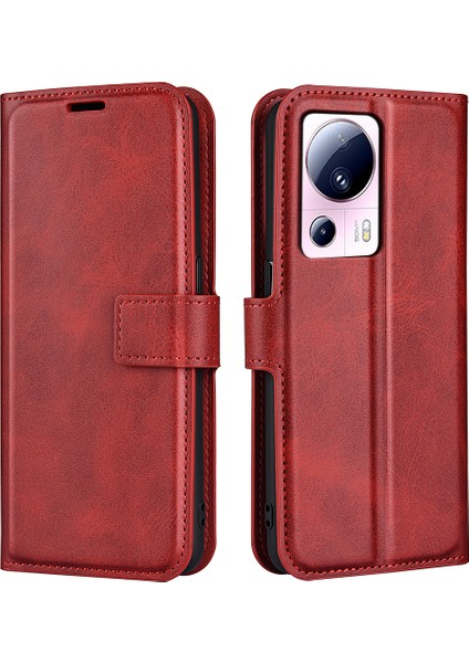 Xiaomi Için 13 Lite/civi 2 5g Kare Toka Deri Telefon Kasası Buzağı Doku Cüzdanı Stand Anti-Damla Kapak-Kırmızı (Yurt Dışından)