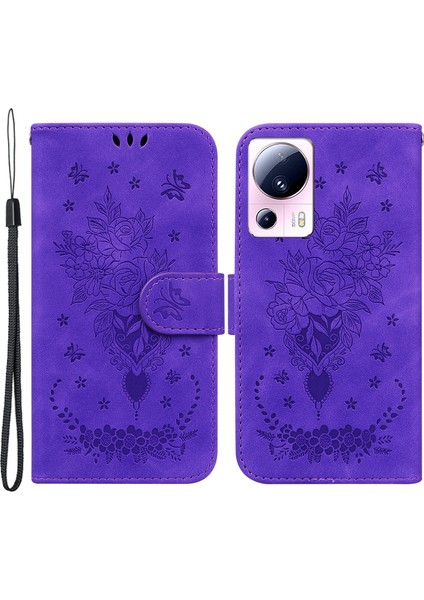 Xiaomi 13 Lite/civi Için 2 5g Pu Deri Cüzdan Telefon Kılıfı Baskılı Gül Kelebek Stand Kapak Morası (Yurt Dışından)