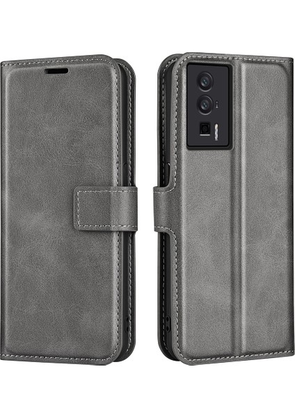Xiaomi Poco F5 Pro 5g/redmi K60 Pro 5G/K60 5g Kare Manyetik Toka Telefon Kapağı Buzağı Doku Deri Stand Cüzdan Case-Grey (Yurt Dışından)