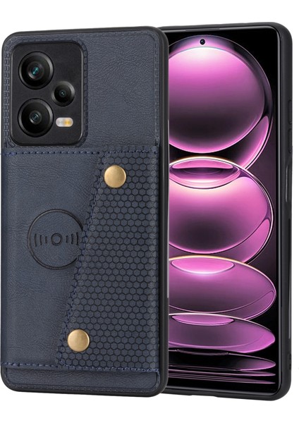 Xiaomi Redmi Için Note 12 Pro 5g Kickstand Pu Deri Kaplamalı Tpu Kılıf Çift Düğme Kart Yuvaları Telefon Kapağı Araba Montajı Metal Sac Mavi (Yurt Dışından)