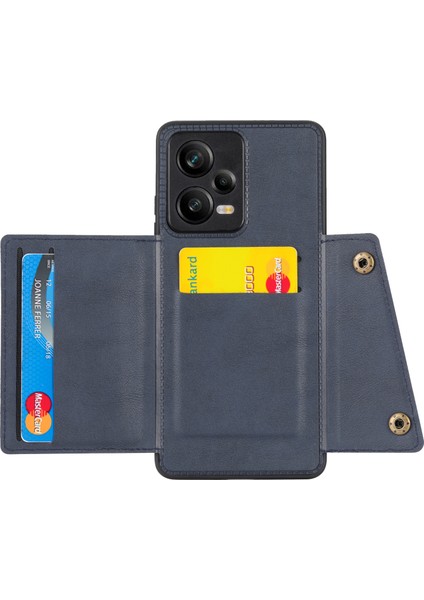 Xiaomi Redmi Için Note 12 Pro 5g Kickstand Pu Deri Kaplamalı Tpu Kılıf Çift Düğme Kart Yuvaları Telefon Kapağı Araba Montajı Metal Sac Mavi (Yurt Dışından)