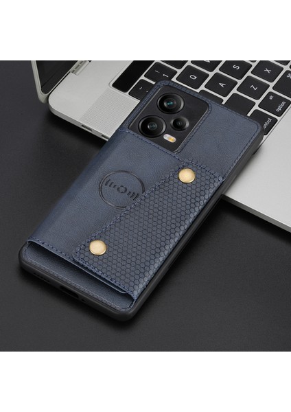 Xiaomi Redmi Için Note 12 Pro 5g Kickstand Pu Deri Kaplamalı Tpu Kılıf Çift Düğme Kart Yuvaları Telefon Kapağı Araba Montajı Metal Sac Mavi (Yurt Dışından)