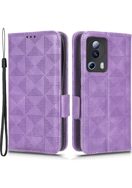 Xiaomi 13 Lite/civi 2 5g Deri Telefon Cüzdan Kılıfı Baskılı Üçgen Desen Standı Akıllı Telefon Kapak Morası (Yurt Dışından)