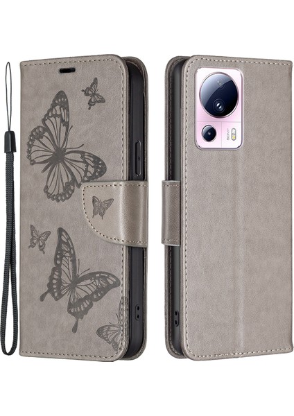 Xiaomi 13 Lite/civi 2 5g Telefon Deri Kılıf Cüzdan Stand Butterfly Strap-Grey ile Baskılı Telefon Kapağı (Yurt Dışından)