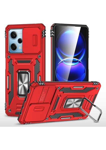 Xiaomi Redmi Için Note 12 5g (Global)/(Hindistan)/(Çin)/poco X5 5g Slayt Lens Kapağı Pc+Tpu Telefon Kılıf Kickstand Geri Kapak Kırmızısı (Yurt Dışından)
