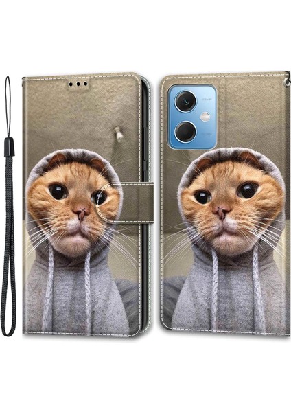 Xiaomi Redmi Için Deri Telefon Kılıfı Not 12 5g (Çin)/(Hindistan)/(Global)/poco X5 5g, Kart Tutucu Stand Desen Baskı Kapak Sarı Kedi/kazak (Yurt Dışından)