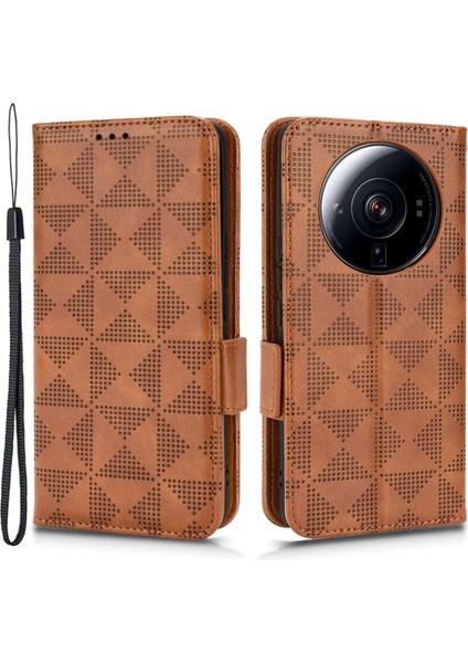 Xiaomi 12S Için Ultra 5g Pu Deri Stand Cüzdan Özellik Kılıfı Üçgen Deseni Baskılı Strap-Brown ile Anti-Fall Telefon Koruyucusu (Yurt Dışından)