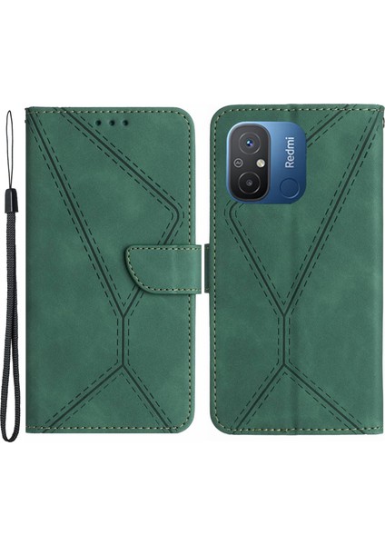 Xiaomi Için HT05 Poco C55 4g/redmı 11A 4G/12C 4g Telefon Kılıfı Standı Stand Cilt Dokunuşu Baskılı Hat Pu Deri Kapak Yeşili (Yurt Dışından)
