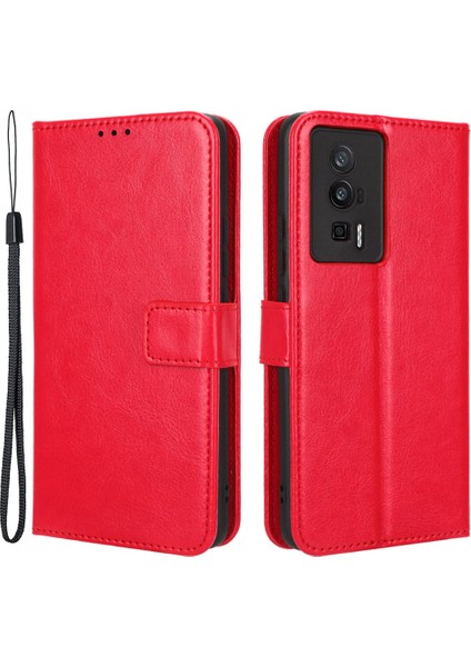 Xiaomi Poco F5 Pro 5g/redmi K60 Pro 5G/K60 5G/K60 Şampiyon Edition Çılgın At Doku Doku Stand Cüzdan Cep Telefonu Kapak Kayış Kırmızısı (Yurt Dışından)