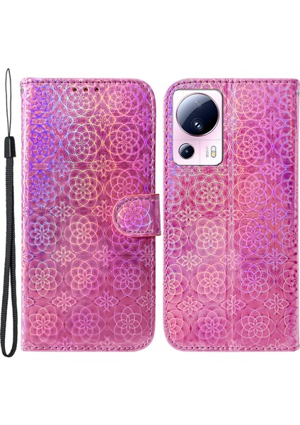 Xiaomi Için 13 Lite/civi 2 5g Pu Deri Cüzdan Telefon Kılıf Göz Kamaştırıcı Çiçek Desen Flip Stand Şok Geçirmez Kabuk-Pembe (Yurt Dışından)