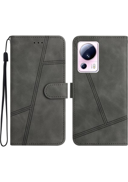 Xiaomi 13 Lite/civi 2 5g Cilt Tahul Basılı Çizgi Kapağı Pu Deri Telefon Kabuğu Cüzdan Stand-Grey (Yurt Dışından)
