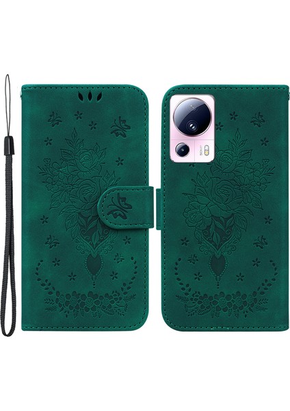 Xiaomi 13 Lite/civi 2 5g Pu Deri Cüzdan Telefon Kılıfı Baskılı Gül Kelebek Stand Kapak Yeşili (Yurt Dışından)